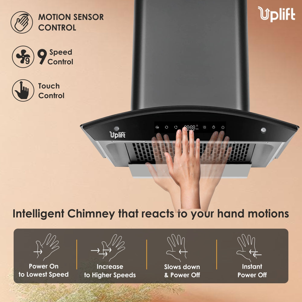 Paradise BLDC 60 Filterless Autoclean Silent Kitchen Chimney (Wall Mount, Curved Glass, 1550 m3/hr, Motion Sensor + Touch Control, Black, 90 cm)