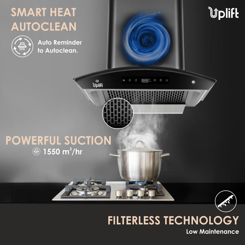 Paradise BLDC 60 Filterless Autoclean Silent Kitchen Chimney (Wall Mount, Curved Glass, 1550 m3/hr, Motion Sensor + Touch Control, Black, 90 cm)