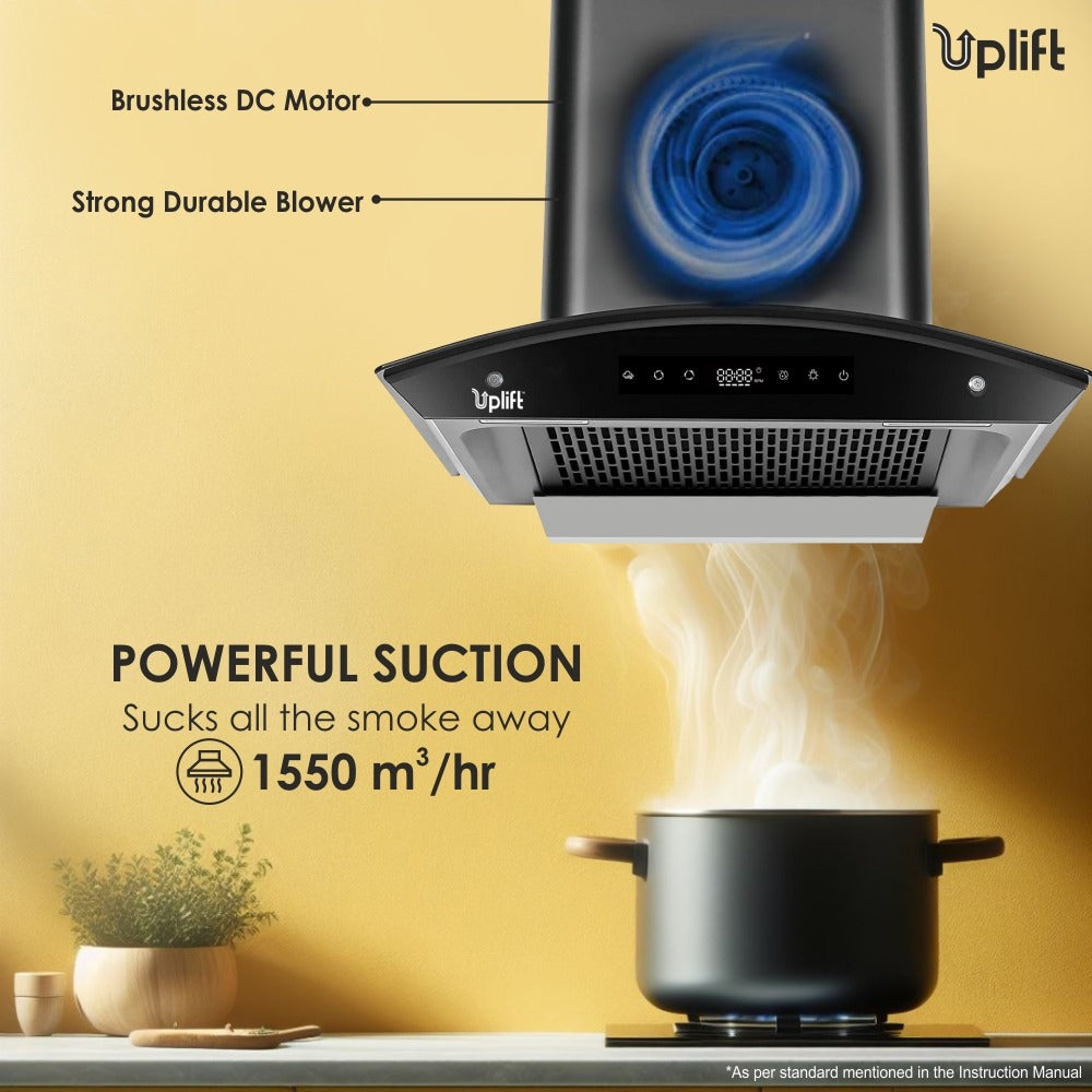 Paradise BLDC 60 Filterless Autoclean Silent Kitchen Chimney (Wall Mount, Curved Glass, 1550 m3/hr, Motion Sensor + Touch Control, Black, 90 cm)