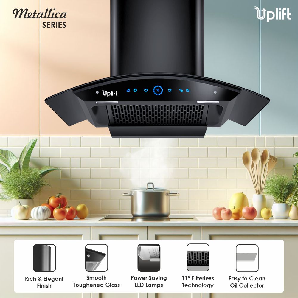Platina 90 Filterless Autoclean Silent Kitchen Chimney  (Wall Mount, Curved Glass, 1550 m3/hr, Motion Sensor + Touch Control, Black, 90 cm)