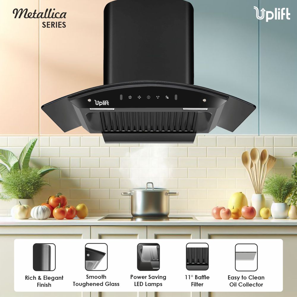 Titania 90 Baffle Filter Smart Autoclean Kitchen Chimney (Wall Mount, Curved Glass, 1550 m3/hr, Motion Sensor + Touch Control, Black, 90 cm)