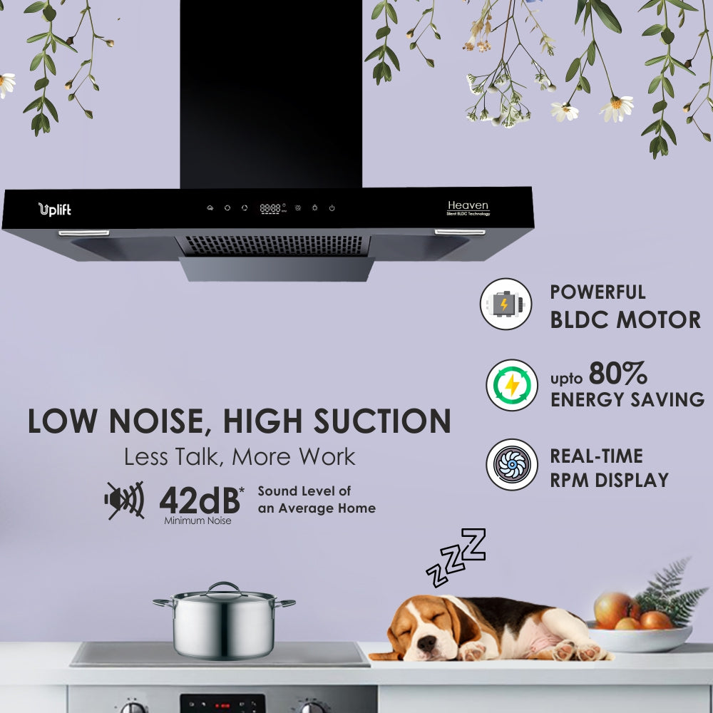 Heaven BLDC 90 Filterless Smart Autoclean Silent Kitchen Chimney (Wall Mount, T Shaped, 1650 m3/hr, Motion Sensor + Touch Control, Black, 90 cm)