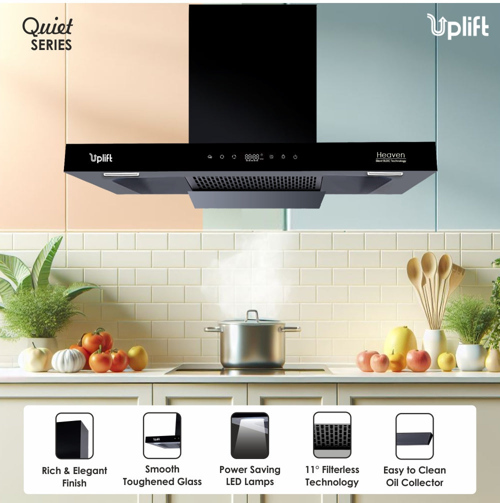 Heaven BLDC 90 Filterless Smart Autoclean Silent Kitchen Chimney (Wall Mount, T Shaped, 1650 m3/hr, Motion Sensor + Touch Control, Black, 90 cm)