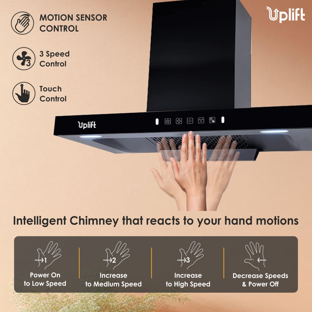 Aurum 90 Filterless Smart Autoclean Kitchen Chimney (Wall Mount, T Shape, 1550 m3/hr, Motion Sensor + Touch Control, Black, 90 cm)