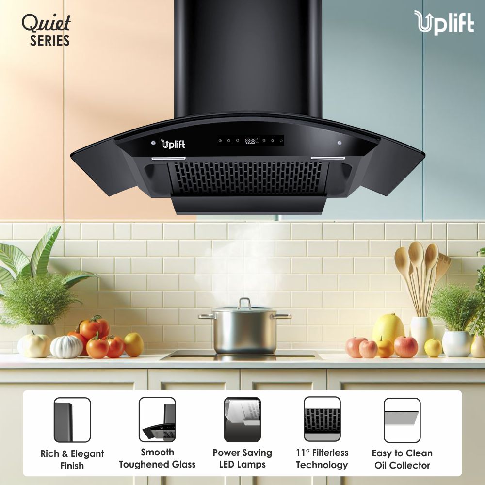 Paradise BLDC 90 Filterless Smart Autoclean Silent Kitchen Chimney (Wall Mount, Curved Glass, 1550 m3/hr, Motion Sensor + Touch Control, Black, 90 cm)