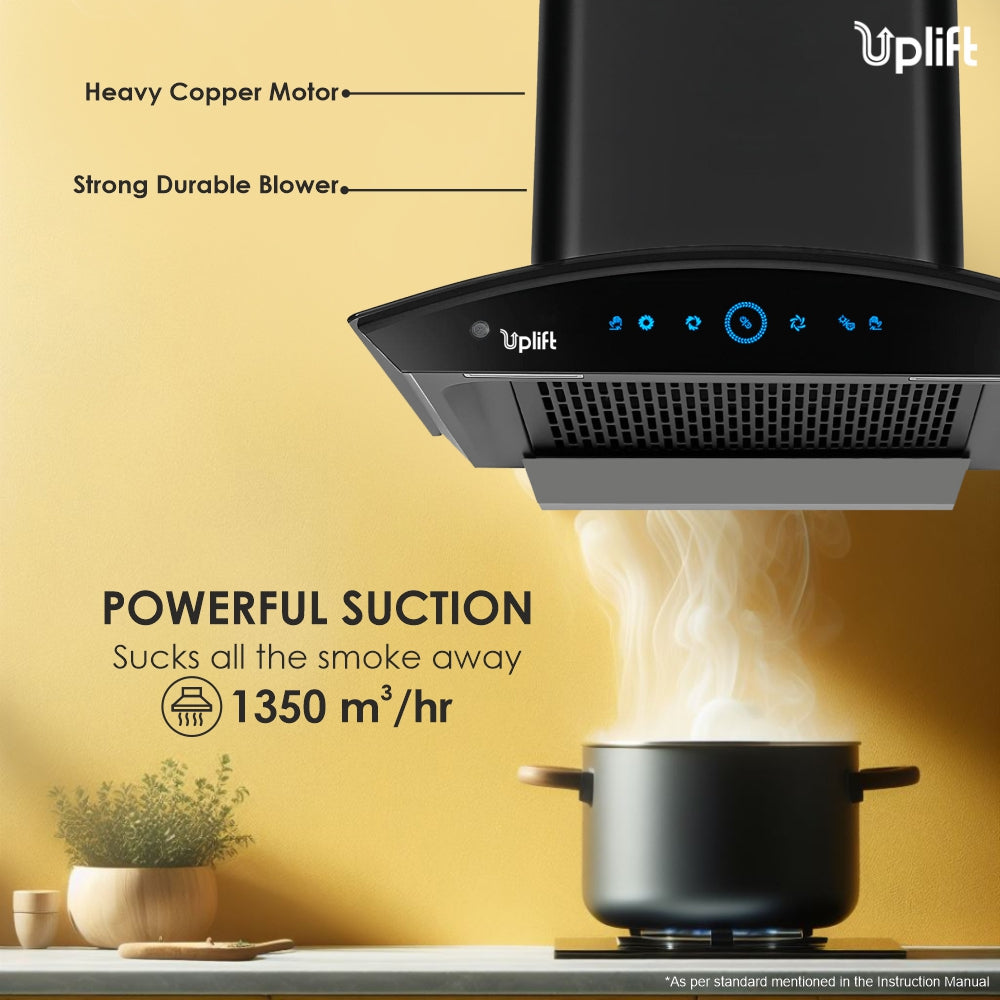 Platina 60 Filterless Autoclean Silent Kitchen Chimney  (Wall Mount, Curved Glass, 1350 m3/hr, Motion Sensor + Touch Control, Black, 60 cm)