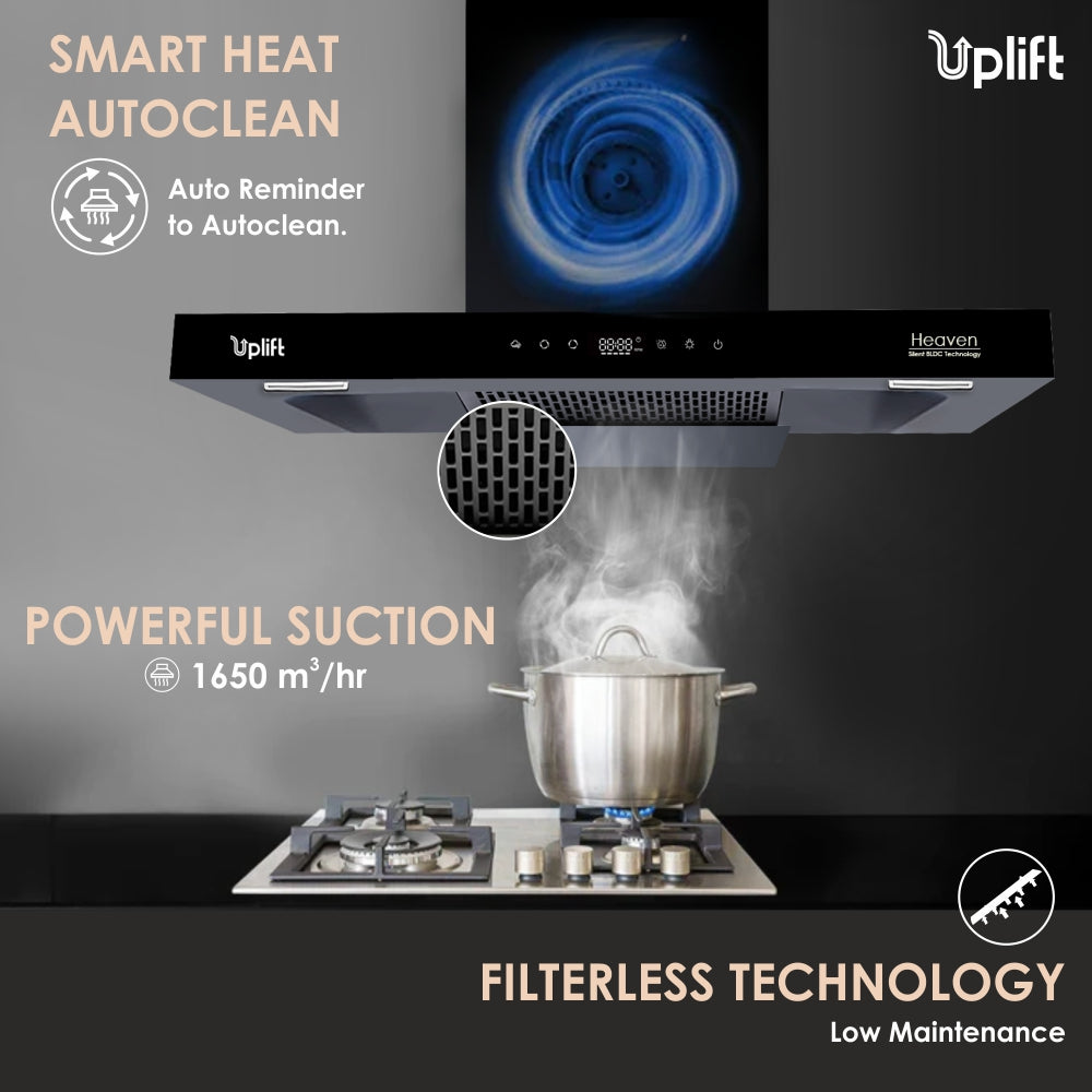 Heaven BLDC 90 Filterless Smart Autoclean Silent Kitchen Chimney (Wall Mount, T Shaped, 1650 m3/hr, Motion Sensor + Touch Control, Black, 90 cm)