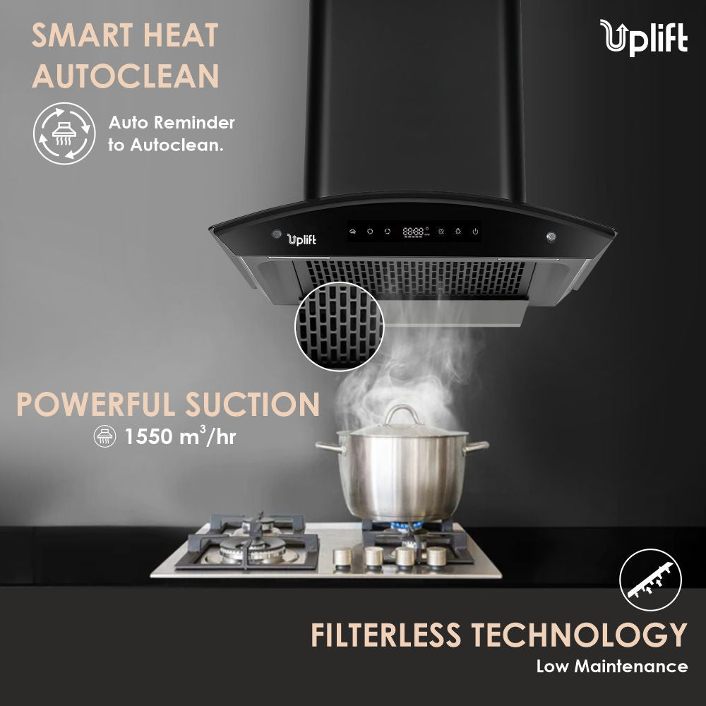 Paradise BLDC 60 Filterless Smart Autoclean Silent Kitchen Chimney (Wall Mount, Curved Glass, 1550 m3/hr, Motion Sensor + Touch Control, Black, 60 cm)