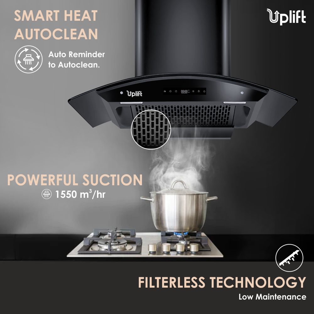 Paradise BLDC 90 Filterless Smart Autoclean Silent Kitchen Chimney (Wall Mount, Curved Glass, 1550 m3/hr, Motion Sensor + Touch Control, Black, 90 cm)