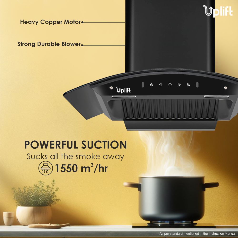 Titania 90 Baffle Filter Smart Autoclean Kitchen Chimney (Wall Mount, Curved Glass, 1550 m3/hr, Motion Sensor + Touch Control, Black, 90 cm)