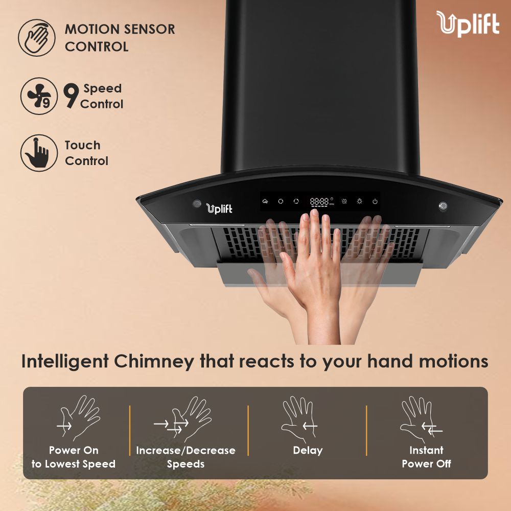 Paradise BLDC 60 Filterless Smart Autoclean Silent Kitchen Chimney (Wall Mount, Curved Glass, 1550 m3/hr, Motion Sensor + Touch Control, Black, 60 cm)
