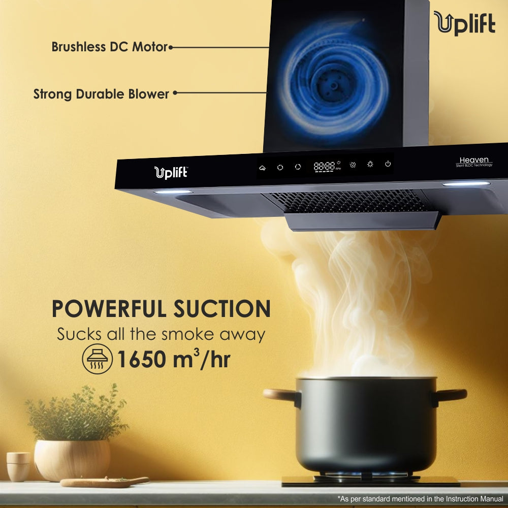 Heaven BLDC 90 Filterless Smart Autoclean Silent Kitchen Chimney (Wall Mount, T Shaped, 1650 m3/hr, Motion Sensor + Touch Control, Black, 90 cm)