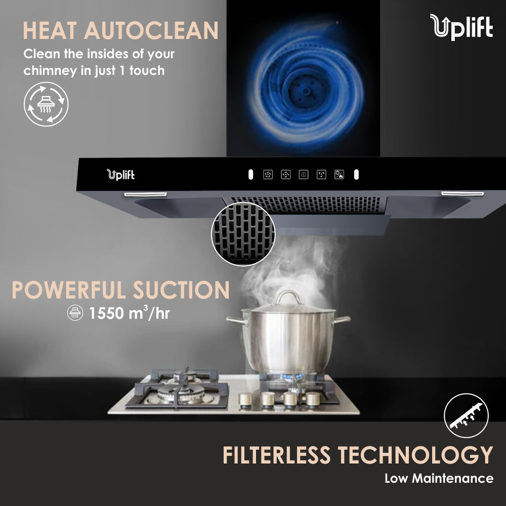 Aurum 90 Filterless Smart Autoclean Kitchen Chimney (Wall Mount, T Shape, 1550 m3/hr, Motion Sensor + Touch Control, Black, 90 cm)