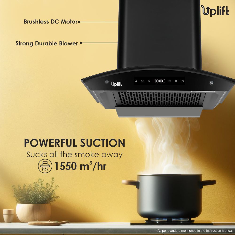Paradise BLDC 60 Filterless Smart Autoclean Silent Kitchen Chimney (Wall Mount, Curved Glass, 1550 m3/hr, Motion Sensor + Touch Control, Black, 60 cm)