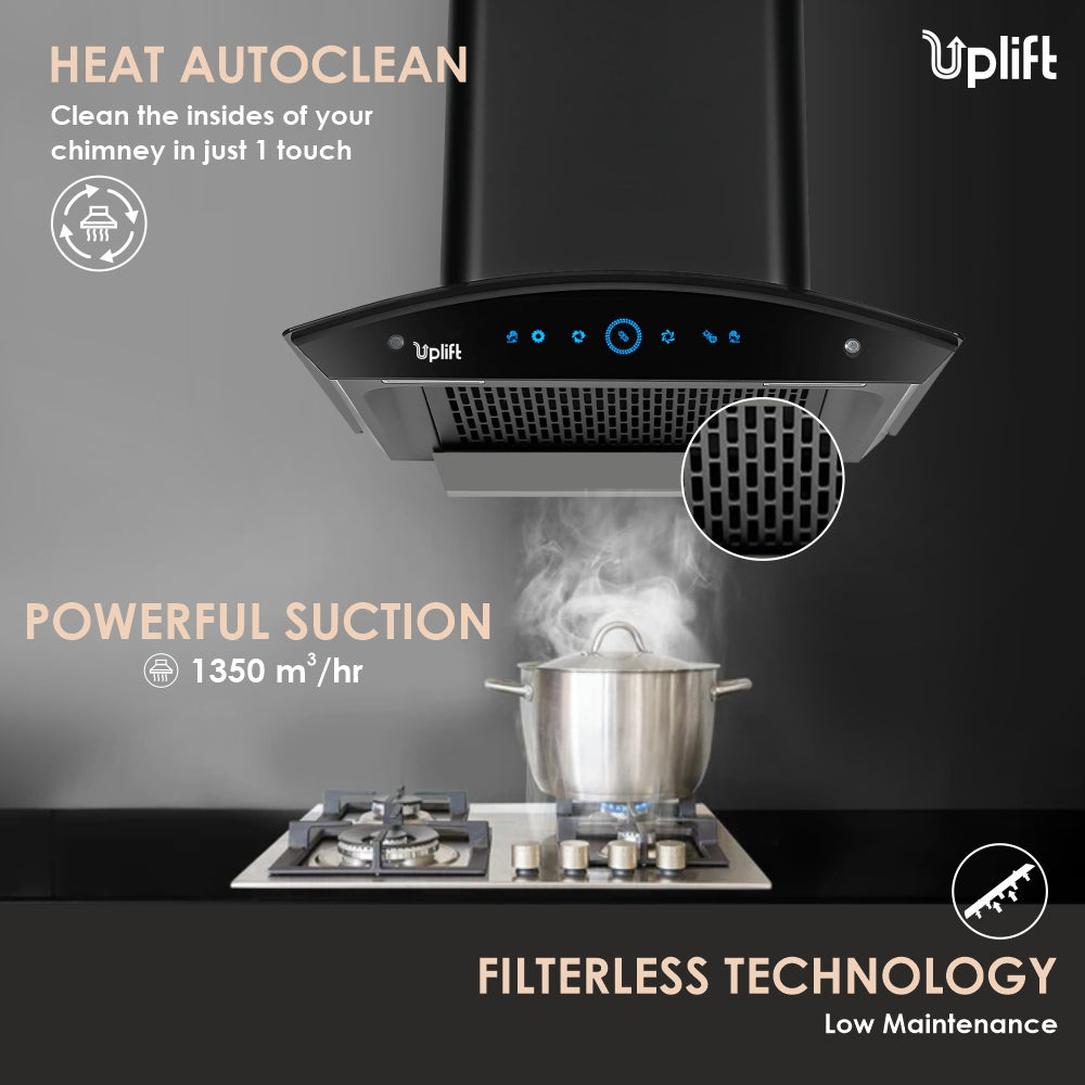 Platina 60 Filterless Autoclean Silent Kitchen Chimney  (Wall Mount, Curved Glass, 1350 m3/hr, Motion Sensor + Touch Control, Black, 60 cm)