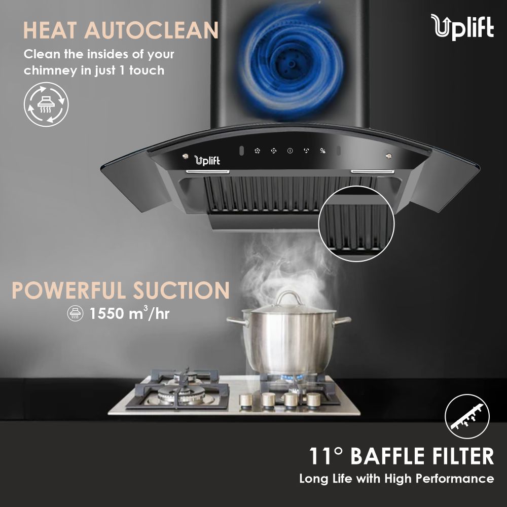 Titania 90 Baffle Filter Smart Autoclean Kitchen Chimney (Wall Mount, Curved Glass, 1550 m3/hr, Motion Sensor + Touch Control, Black, 90 cm)