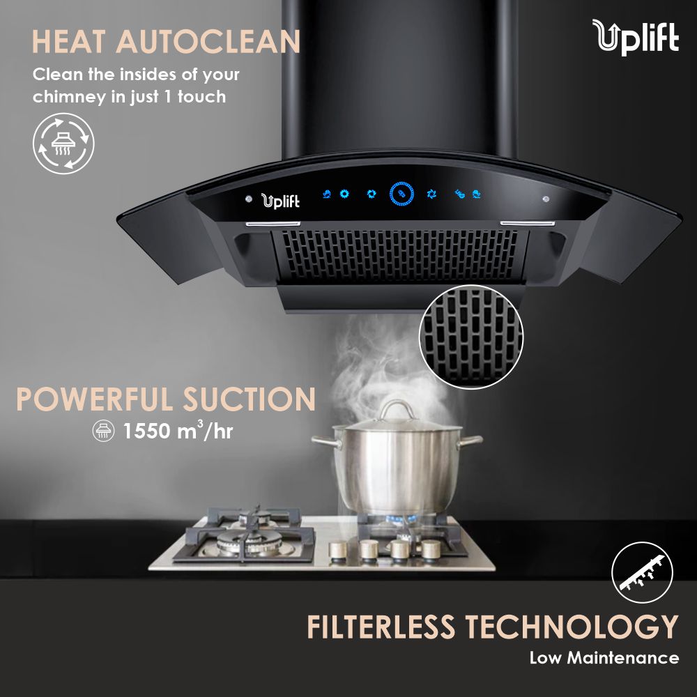 Platina 90 Filterless Autoclean Silent Kitchen Chimney  (Wall Mount, Curved Glass, 1550 m3/hr, Motion Sensor + Touch Control, Black, 90 cm)