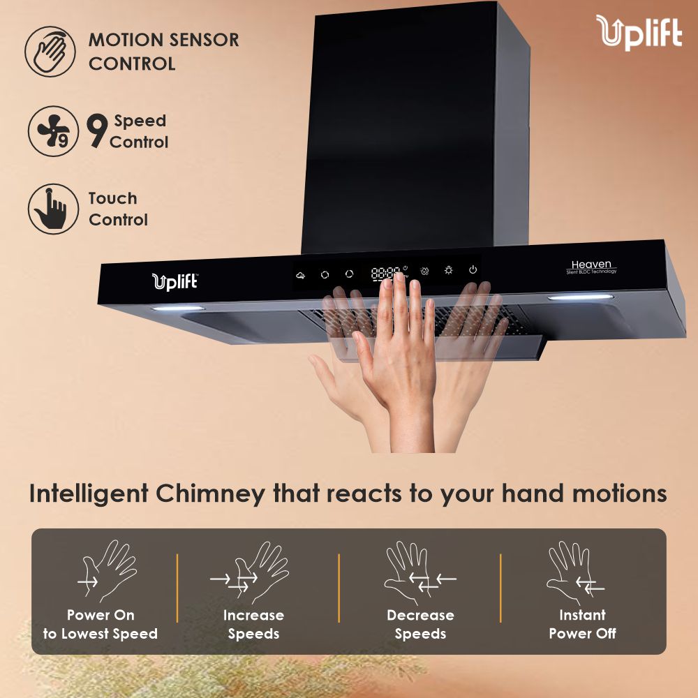 Heaven BLDC 90 Filterless Smart Autoclean Silent Kitchen Chimney (Wall Mount, T Shaped, 1650 m3/hr, Motion Sensor + Touch Control, Black, 90 cm)