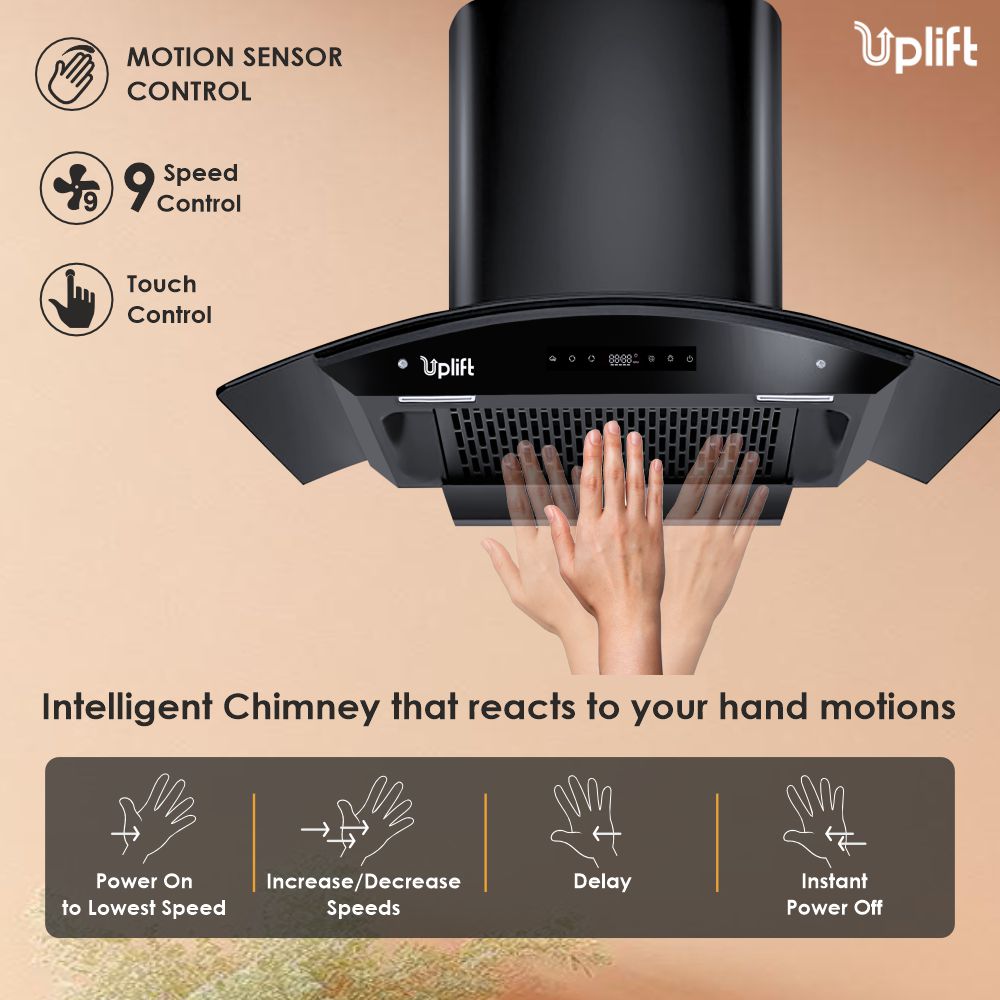 Paradise BLDC 90 Filterless Smart Autoclean Silent Kitchen Chimney (Wall Mount, Curved Glass, 1550 m3/hr, Motion Sensor + Touch Control, Black, 90 cm)